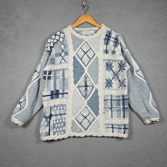 Vintage Grandma Sweater Womens Size Large 3D Cable-Knit Pullover Argyle USA 90s - Picture 1 of 13